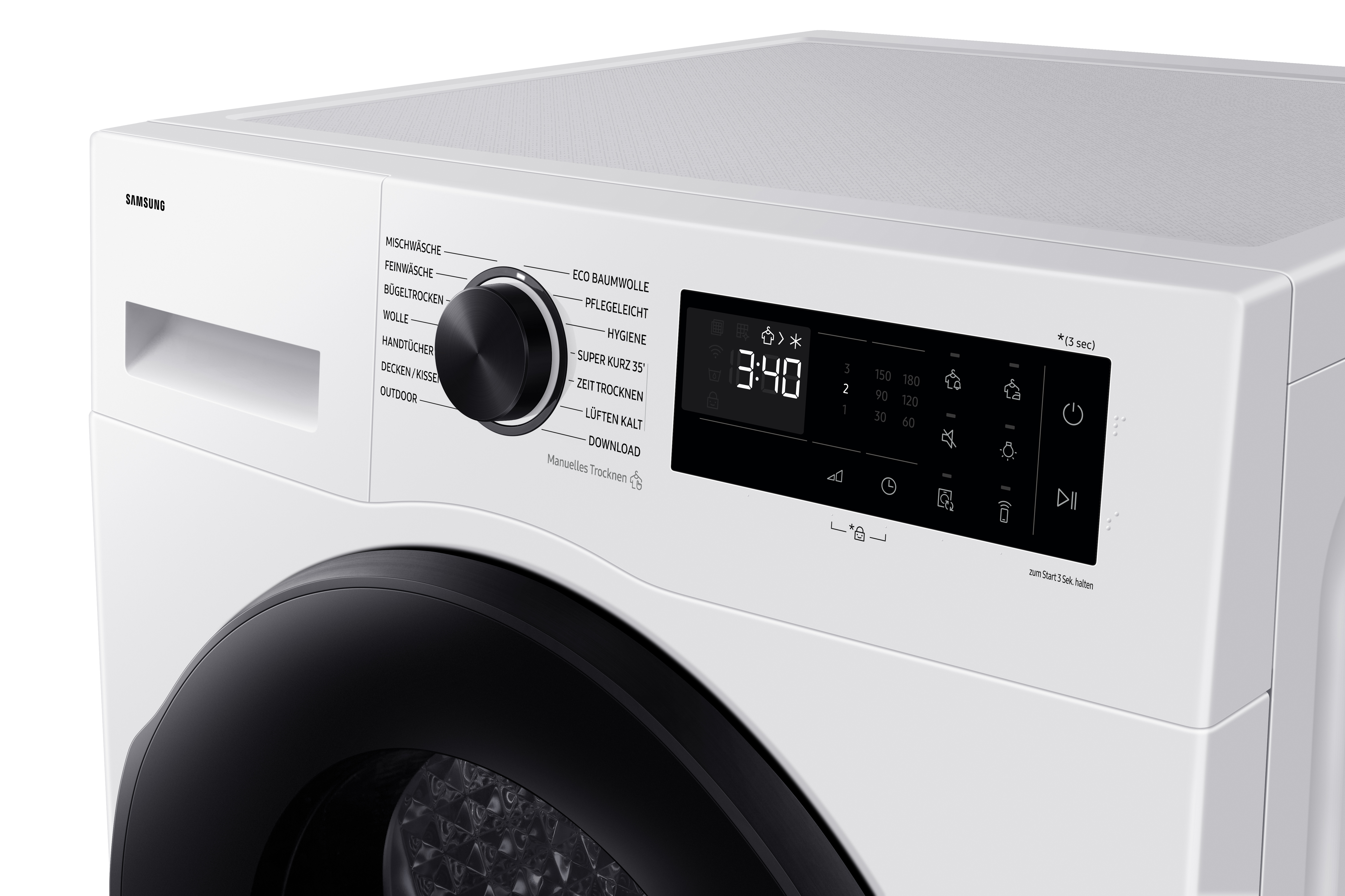 Weiße Samsung Waschmaschine mit schwarzem Drehknopf und digitalem Display.