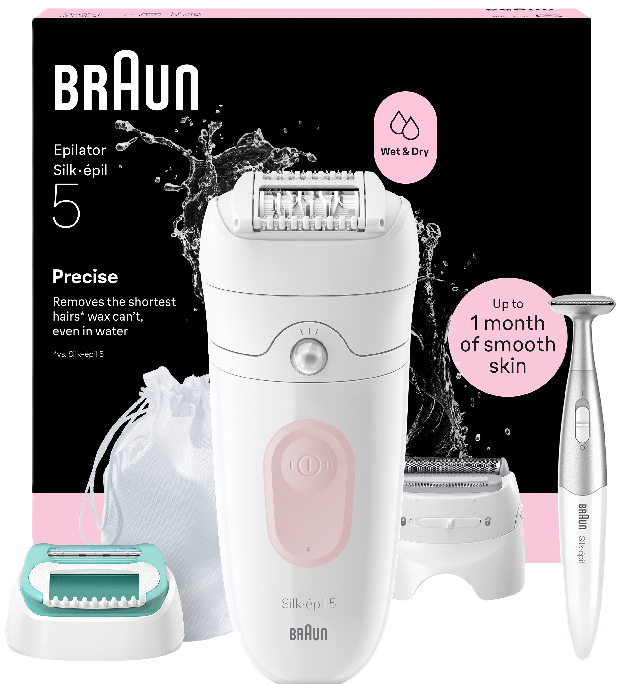 Braun Silk-épil 5 Epilierer mit Zubehör und Wasser spritzt.