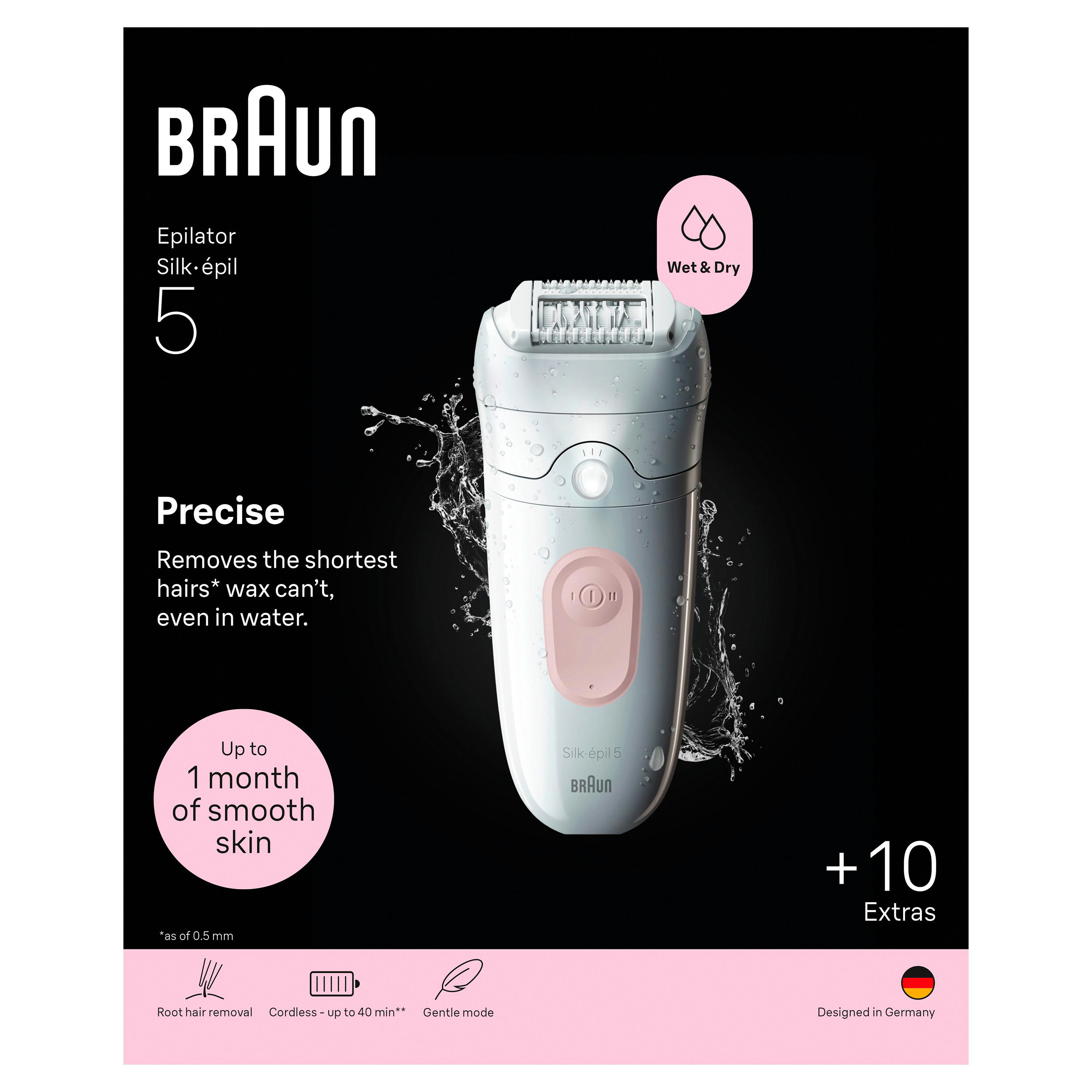 Ein weißer Braun Silk-épil 5 Epilierer mit rosa Akzenten, nass und trocken.