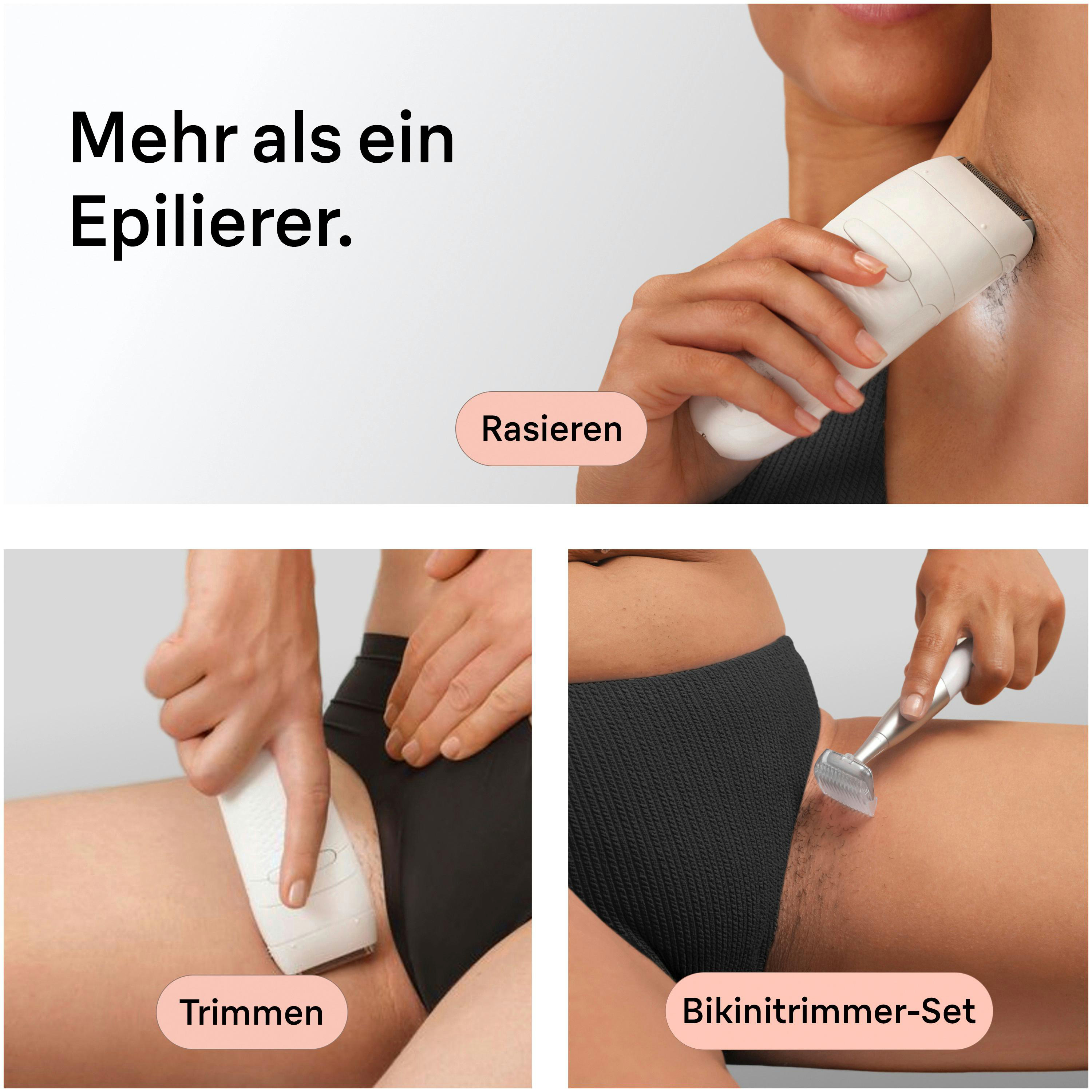Drei Szenen: Achselrasur, Beinrasur und Bikini-Trimmer.