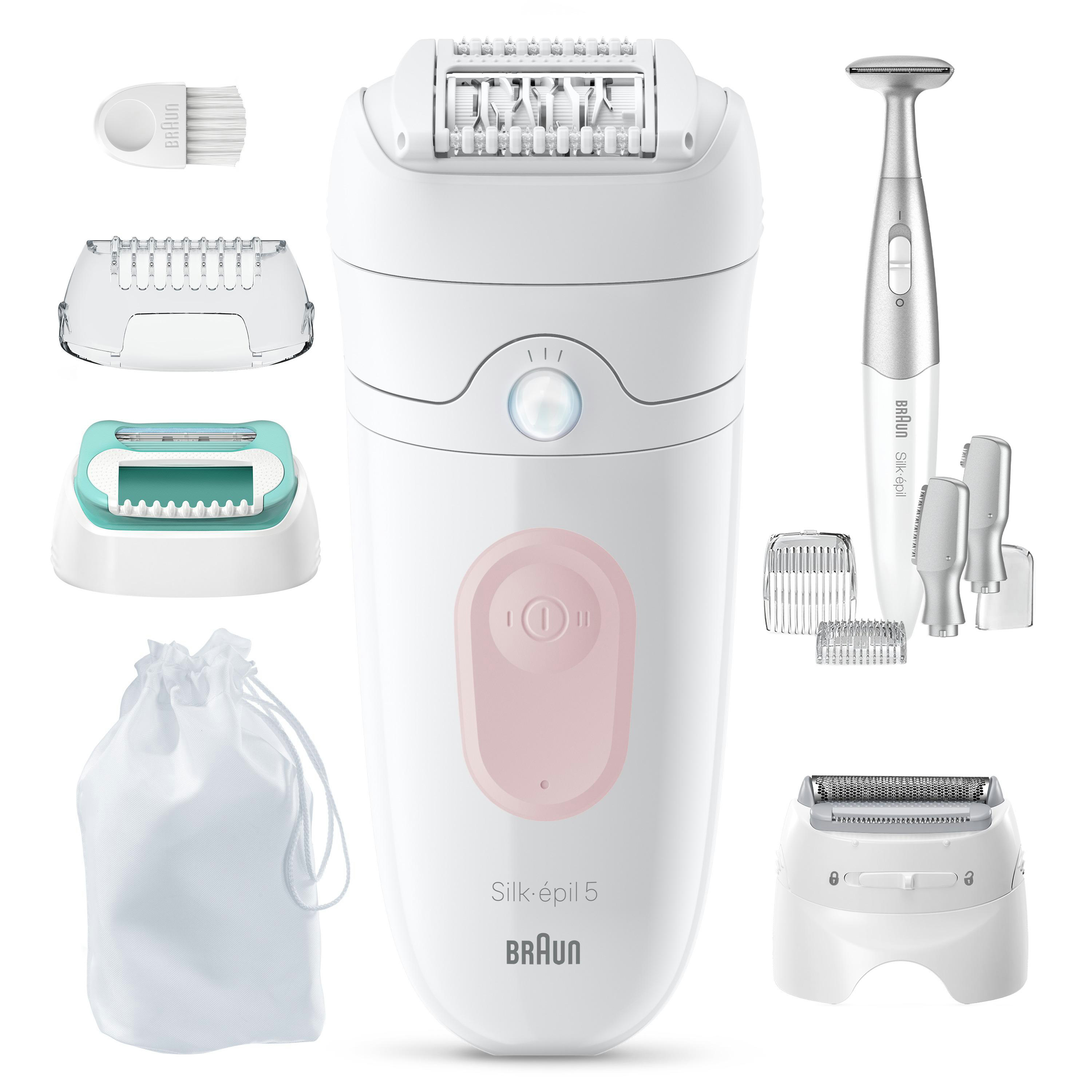 Braun Silk-épil 5 Epilierer mit Zubehör: Reinigungsbürste, Trimmer, Aufsätze, Beutel.