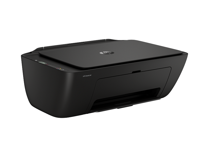 Fekete HP DeskJet nyomtató nyitott szkennerfedéllel és kezelőpanellel.