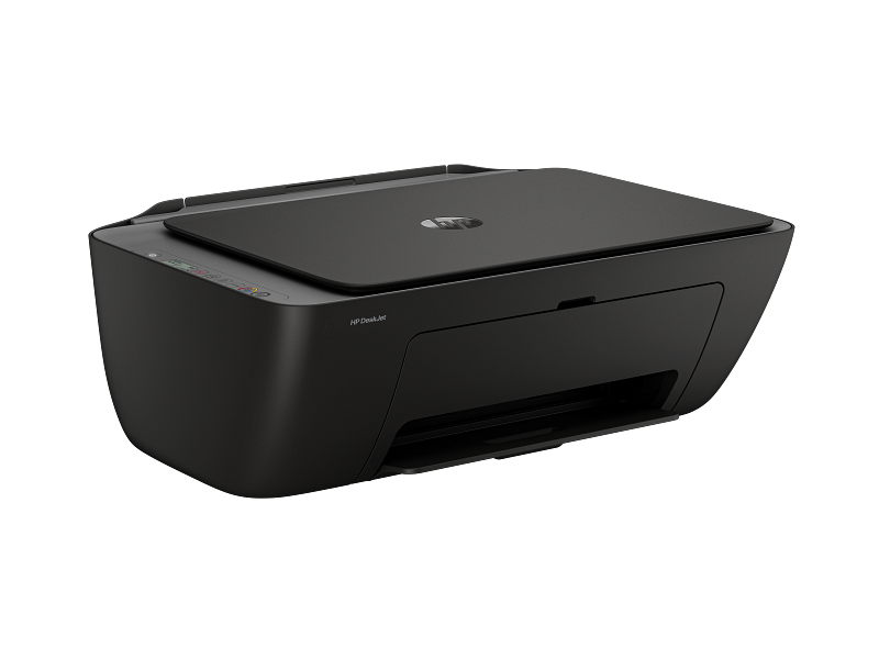 Fekete HP DeskJet nyomtató csukott szkennerfedéllel, fekete háttéren.