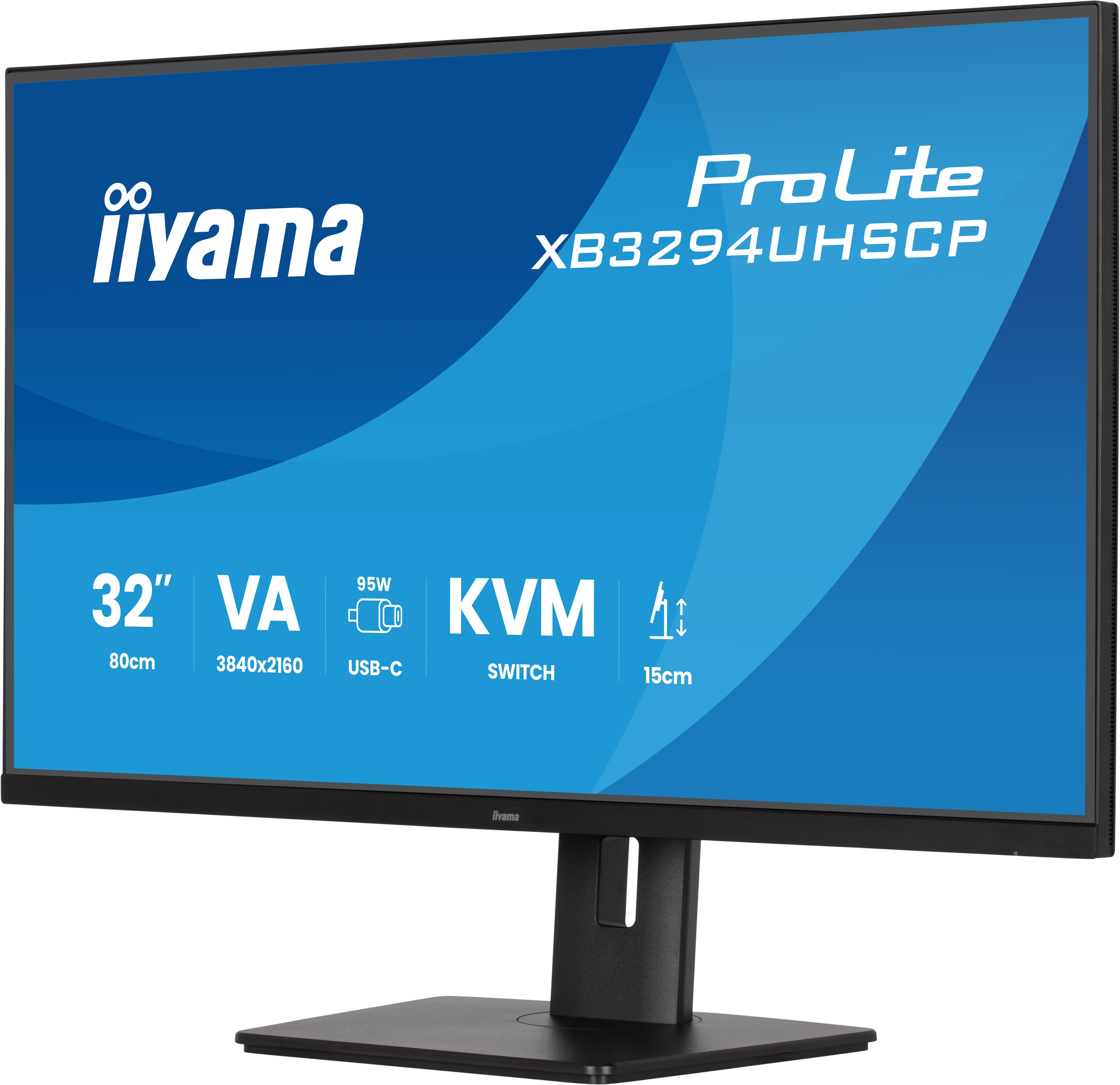 32-Zoll-Monitor mit Iiyama-Logo, Prolite XB3294UHSCP, 80cm, VA, 3840x2160, 95W USB-C, KVM-Switch, 15cm.