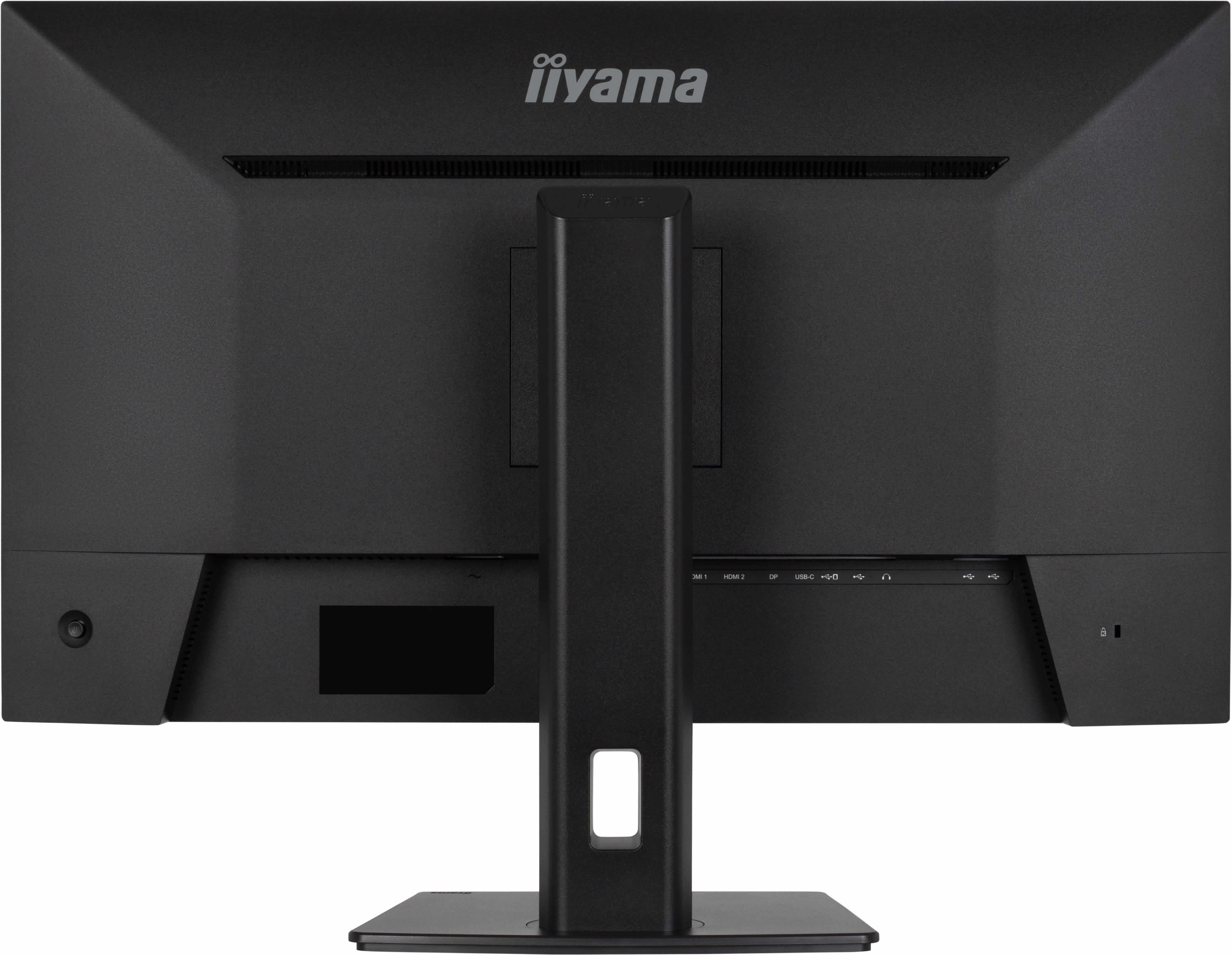 Rückansicht eines schwarzen Monitors mit Anschlüssen wie HDMI, DP, USB-C und Kopfhörer.