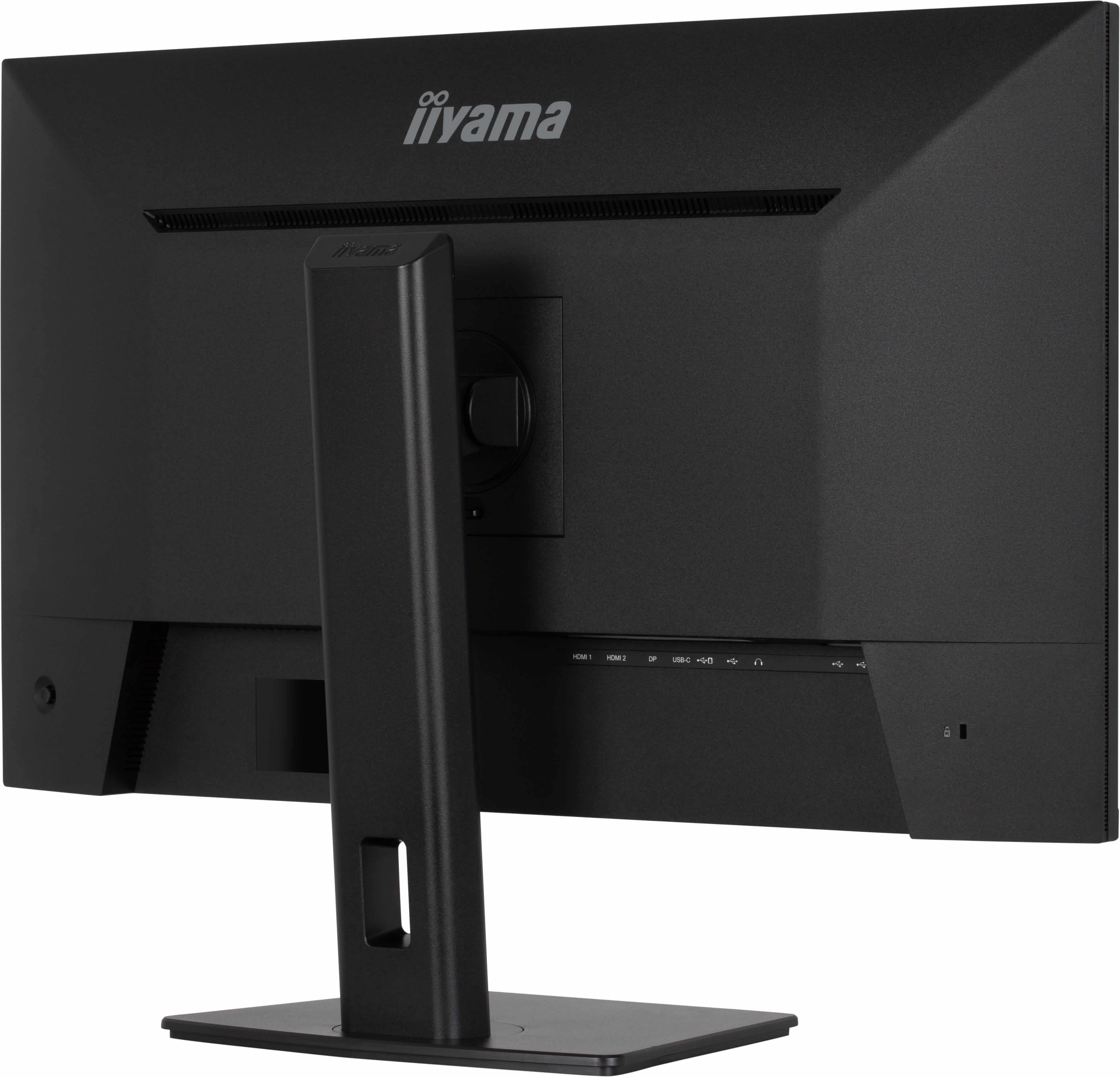 Rückseite eines schwarzen Monitors mit Anschlüssen wie HDMI, DP, USB-C und Kopfhörer.