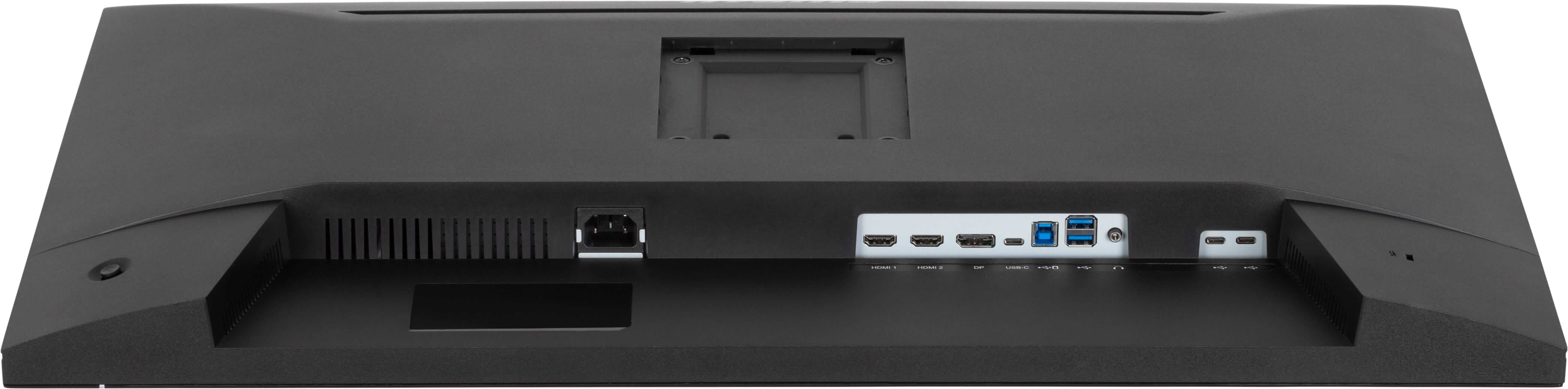 Rückseite eines schwarzen Monitors mit Anschlüssen: Strom, 2x HDMI, DP, USB-C, 2x USB-A.