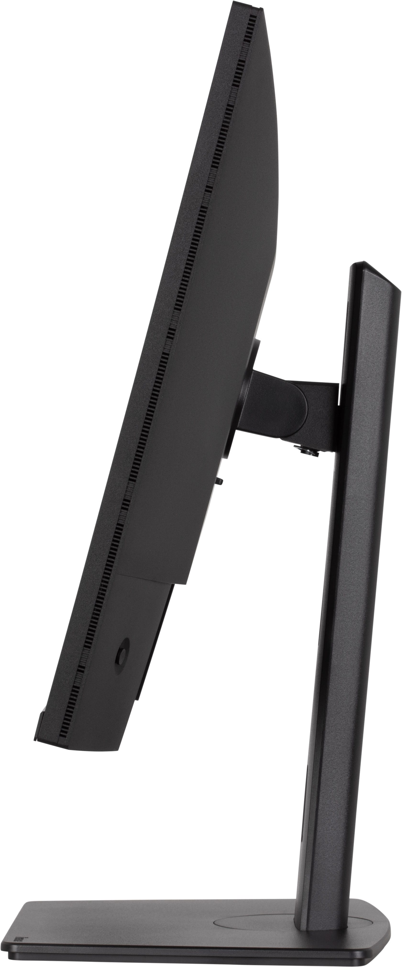 Ein schwarzer Computermonitor mit Ständer, von der Seite gesehen.
