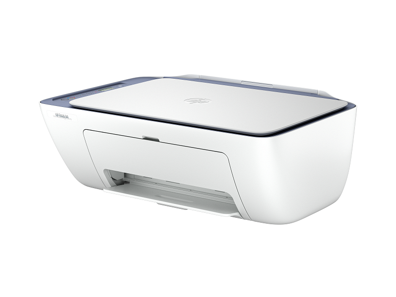 Egy fehér HP DeskJet nyomtató kék szegéllyel a fedélen.