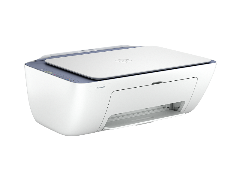 Egy fehér HP DeskJet nyomtató kék díszítéssel fekete háttéren.