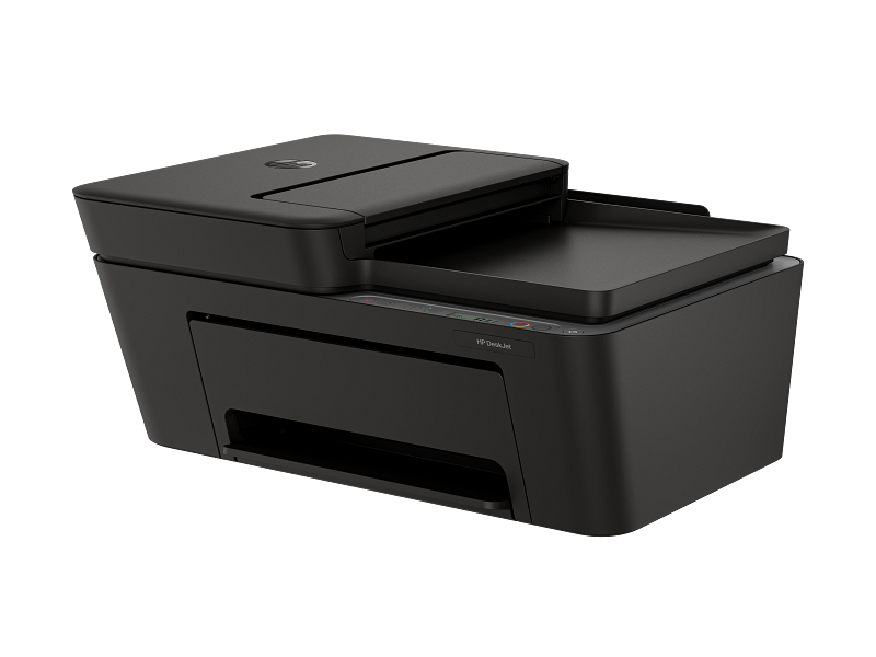 Egy fekete HP DeskJet nyomtató szkennerrel és másolóval fekete háttéren.