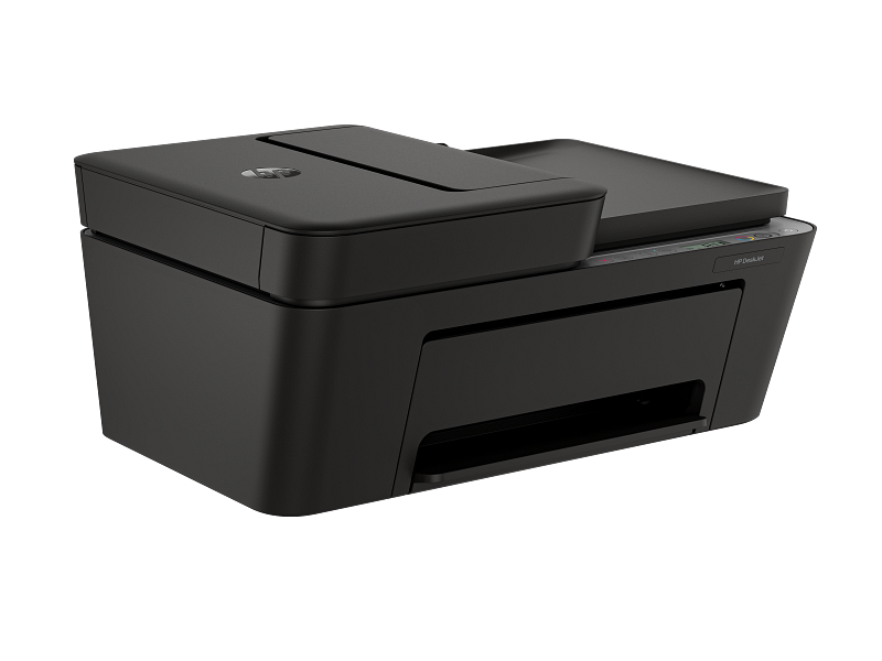 Egy fekete HP DeskJet nyomtató szkennerrel fekete háttér előtt.