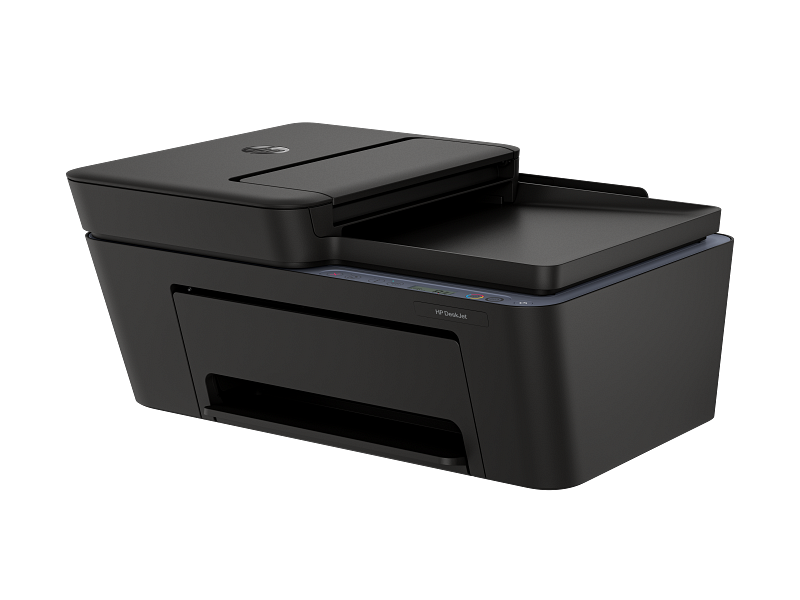 Fekete HP DeskJet nyomtató szkennerrel és másolóval, fekete háttéren.