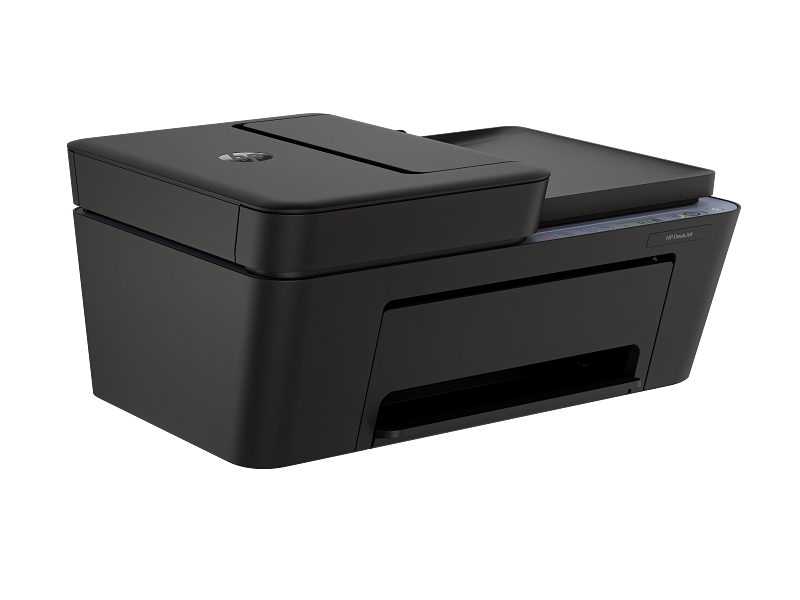 Egy fekete HP DeskJet multifunkciós nyomtató szkennerrel és másolóval.