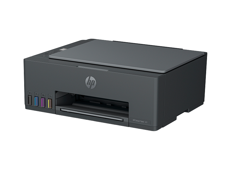 Egy sötétszürke HP Smart Tank 581 nyomtató színes tintatartályokkal.