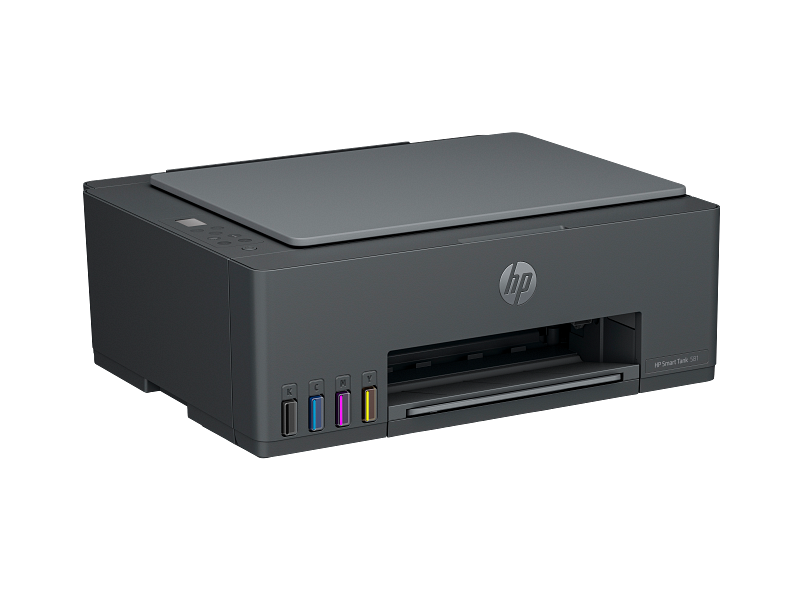 Egy sötétszürke HP Smart Tank 581 nyomtató látható tintatartályokkal.