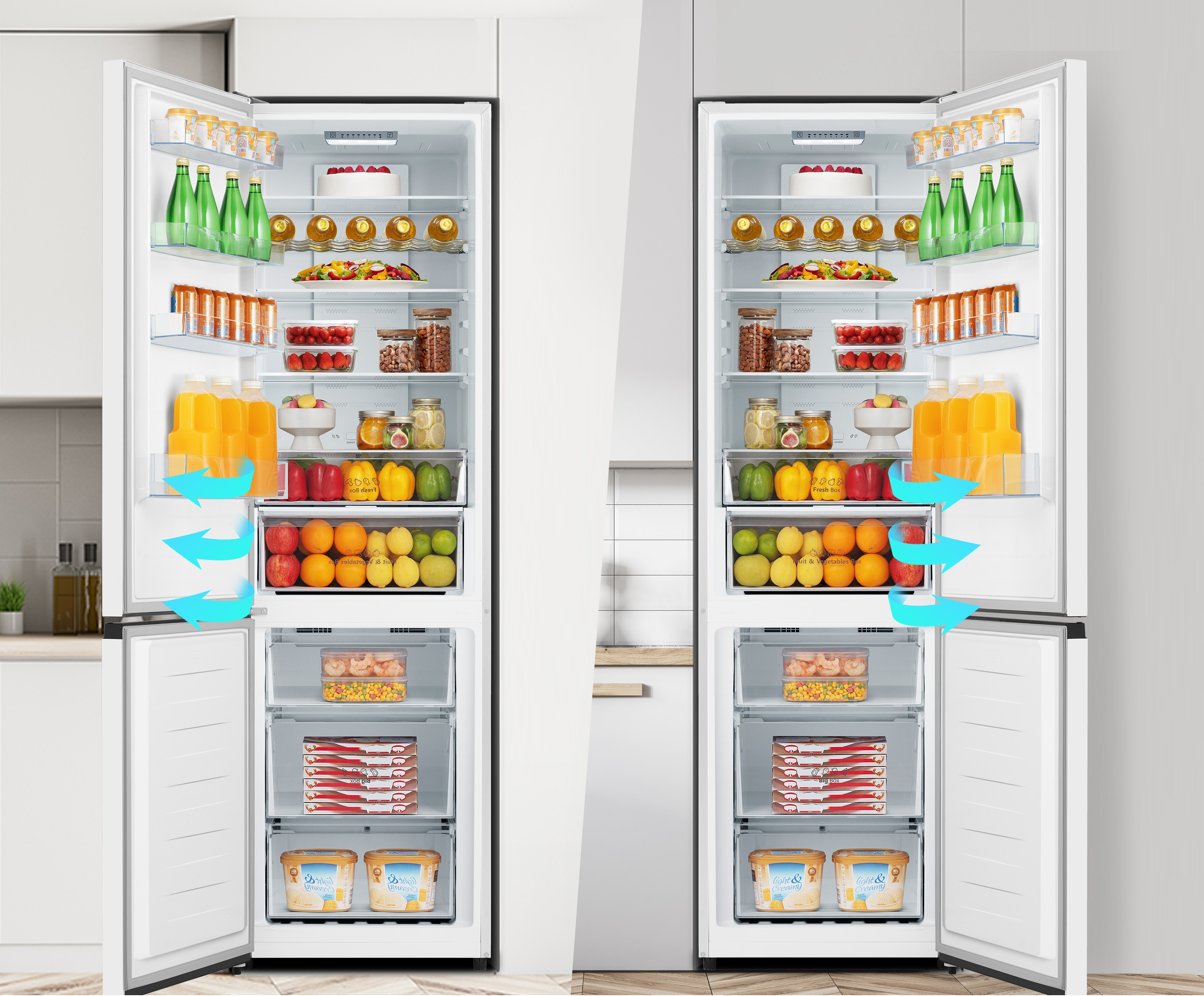 Refrigeradores abiertos con botellas, frutas, verduras y helado.