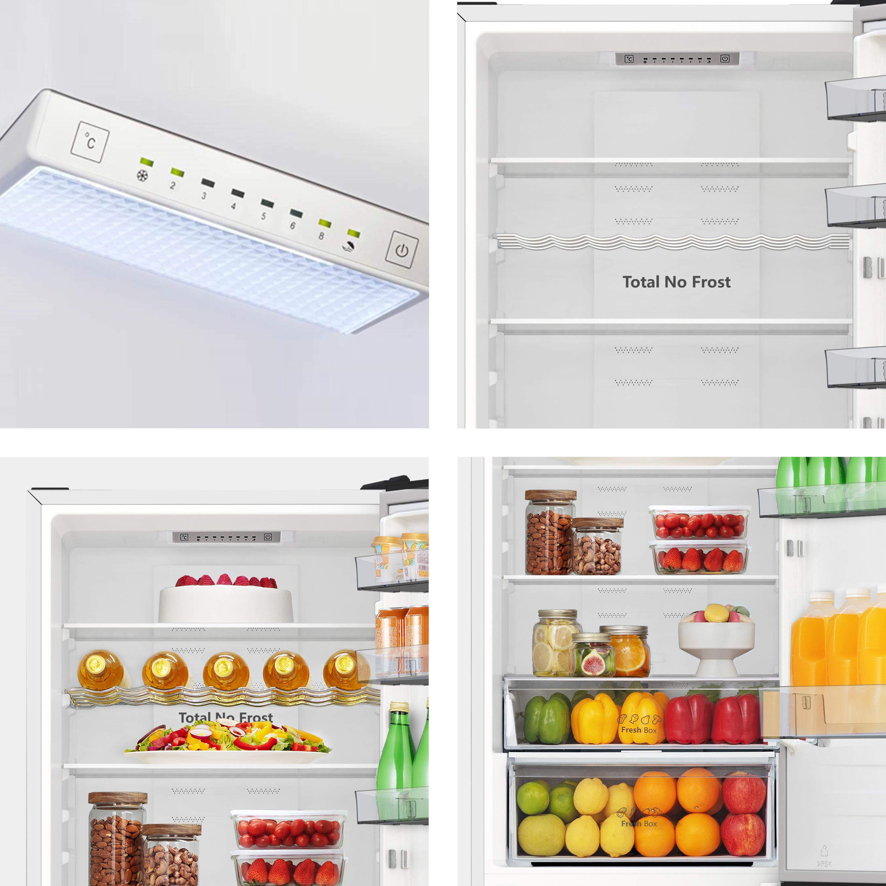 Interior del refrigerador con alimentos: frutas, verduras, bebidas, pastel y frascos.