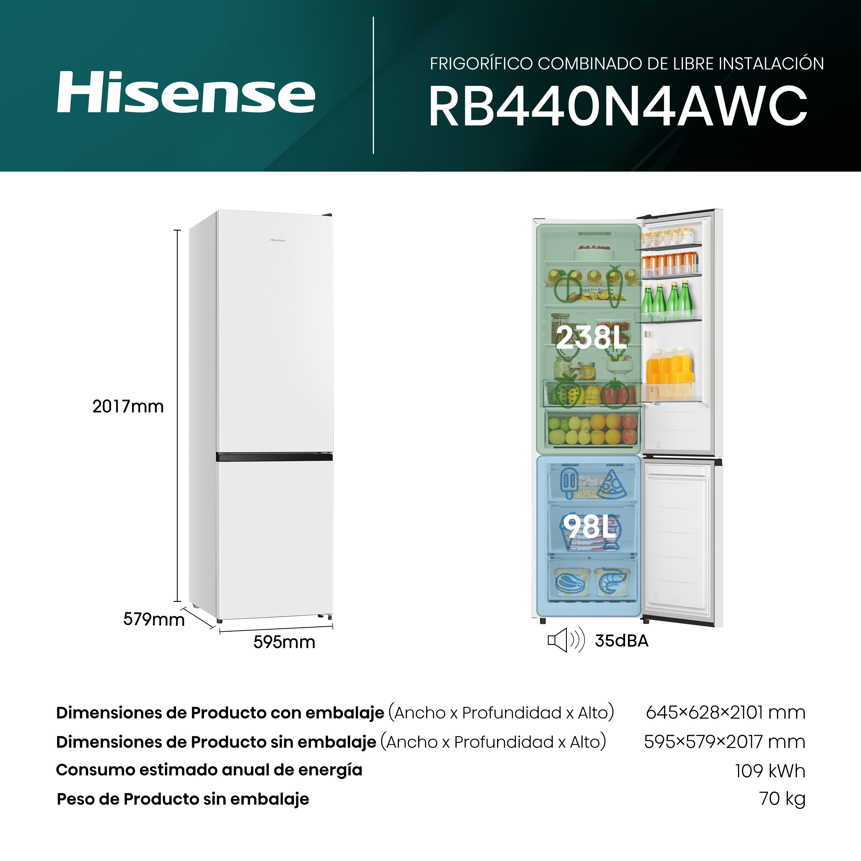 Un frigorífico Hisense de dos puertas, 238L de refrigeración y 98L de congelación. Dimensiones 2017x595x579mm.