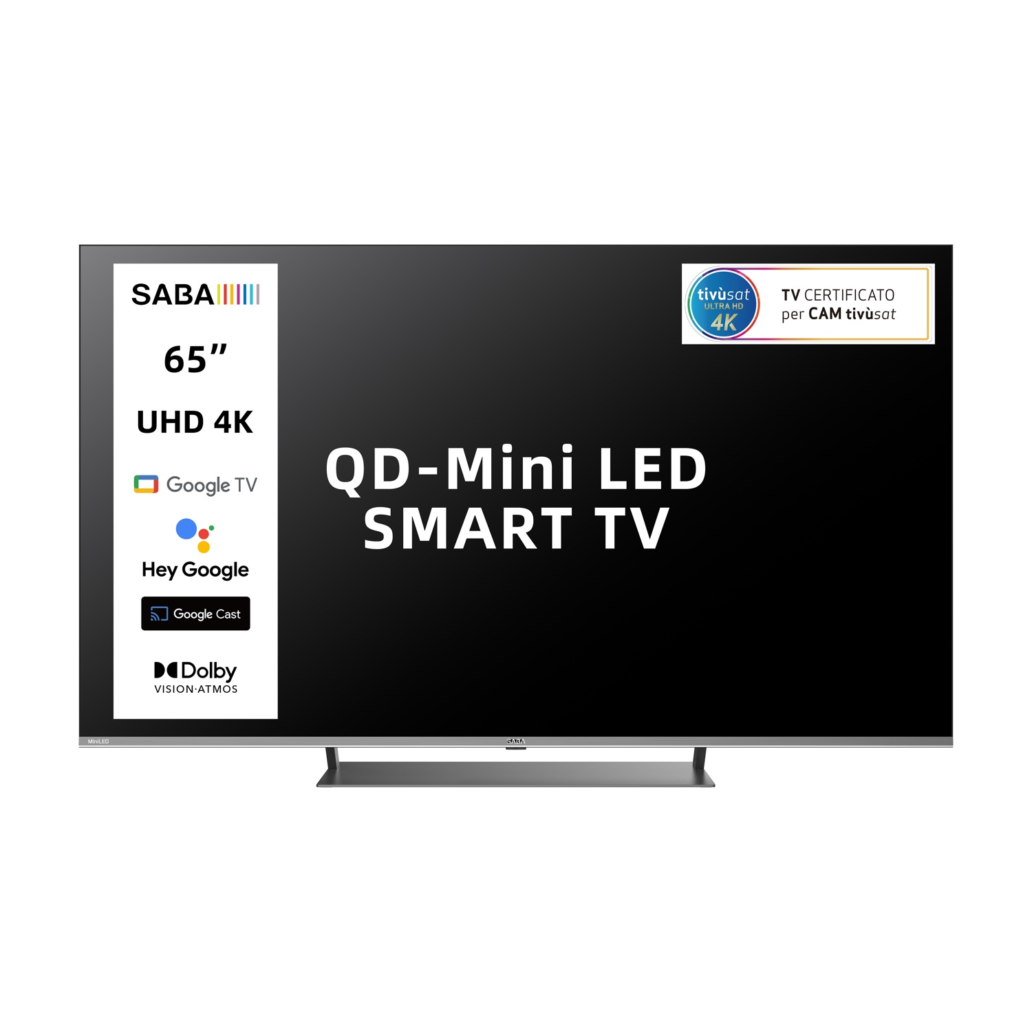 Un Smart TV SABA QD-Mini LED 4K da 65" con Google TV e Dolby Vision Atmos.