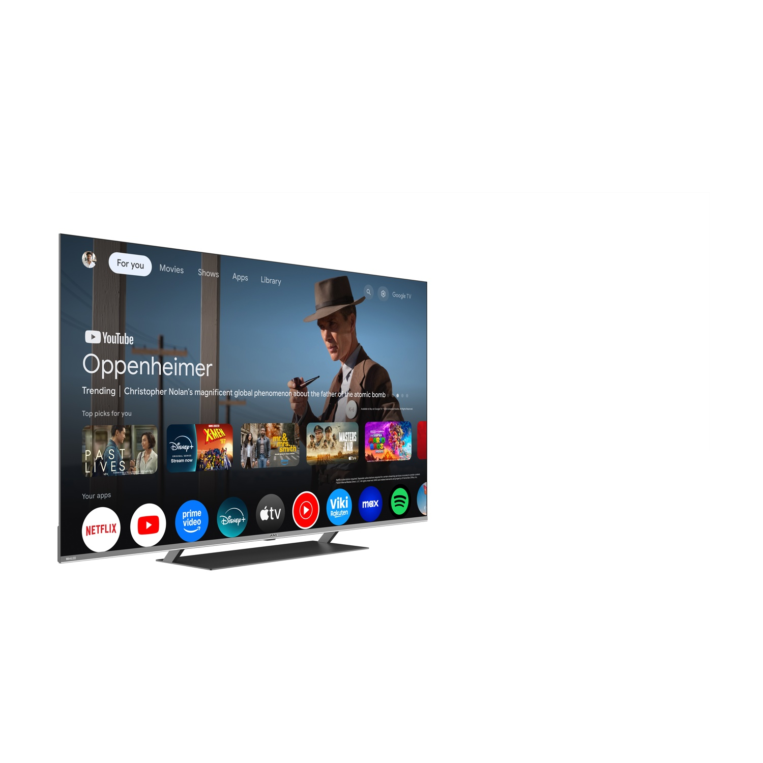 Una TV moderna mostra l'interfaccia Google TV con film e app.