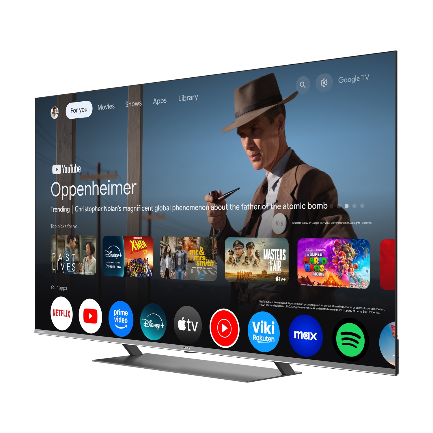 Una TV moderna mostra l'interfaccia Google TV con film e app.