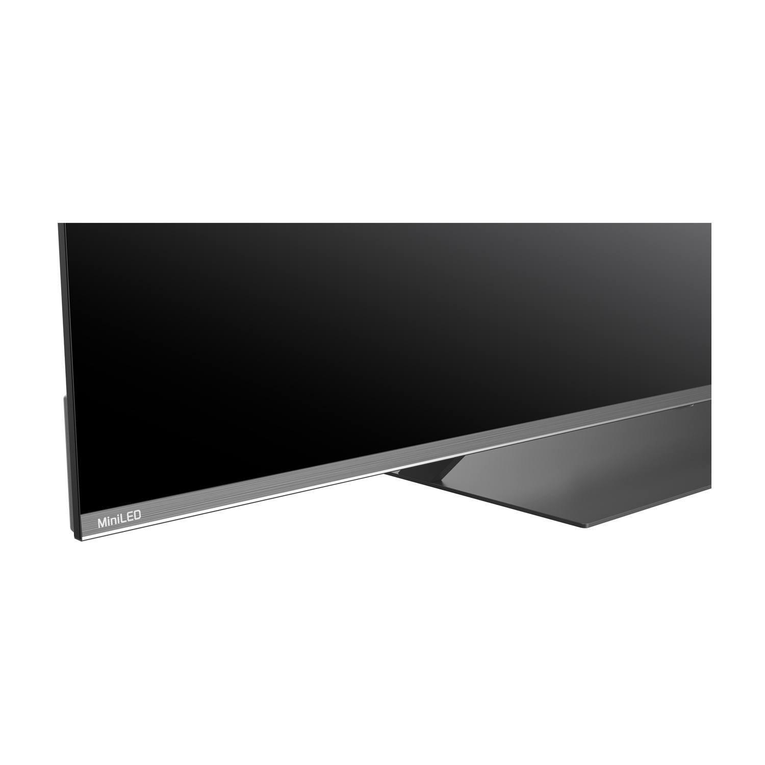 Un televisore moderno con cornice sottile e base lucida.