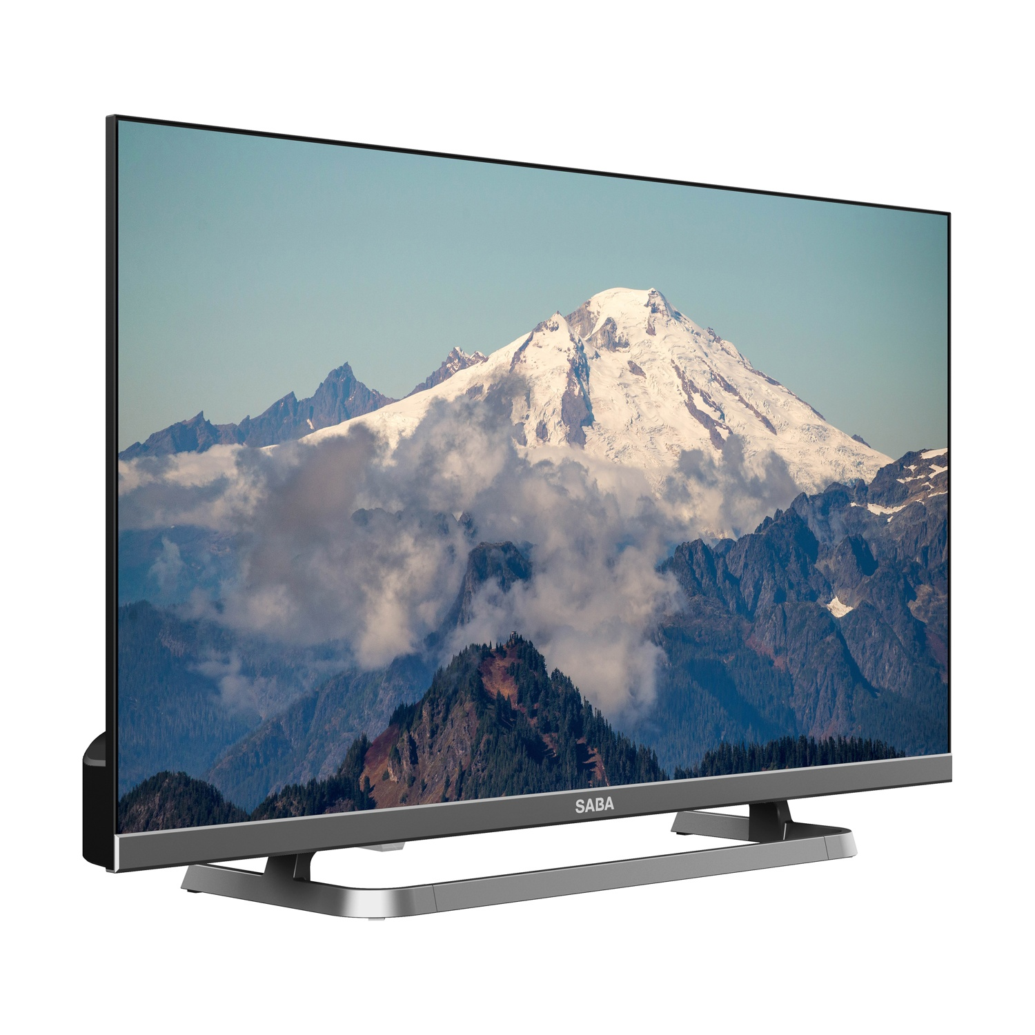 Televisore moderno con paesaggio montano.