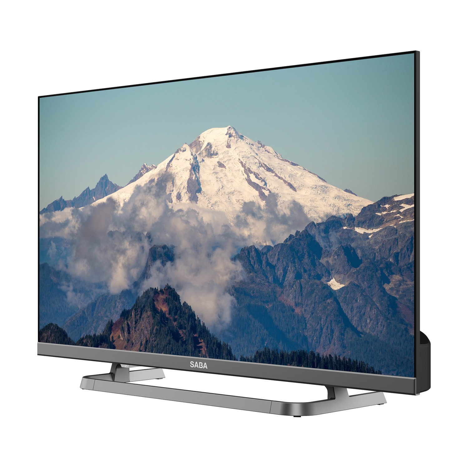 Una TV moderna a schermo piatto poggia su un supporto argentato, mostrando un paesaggio montano.