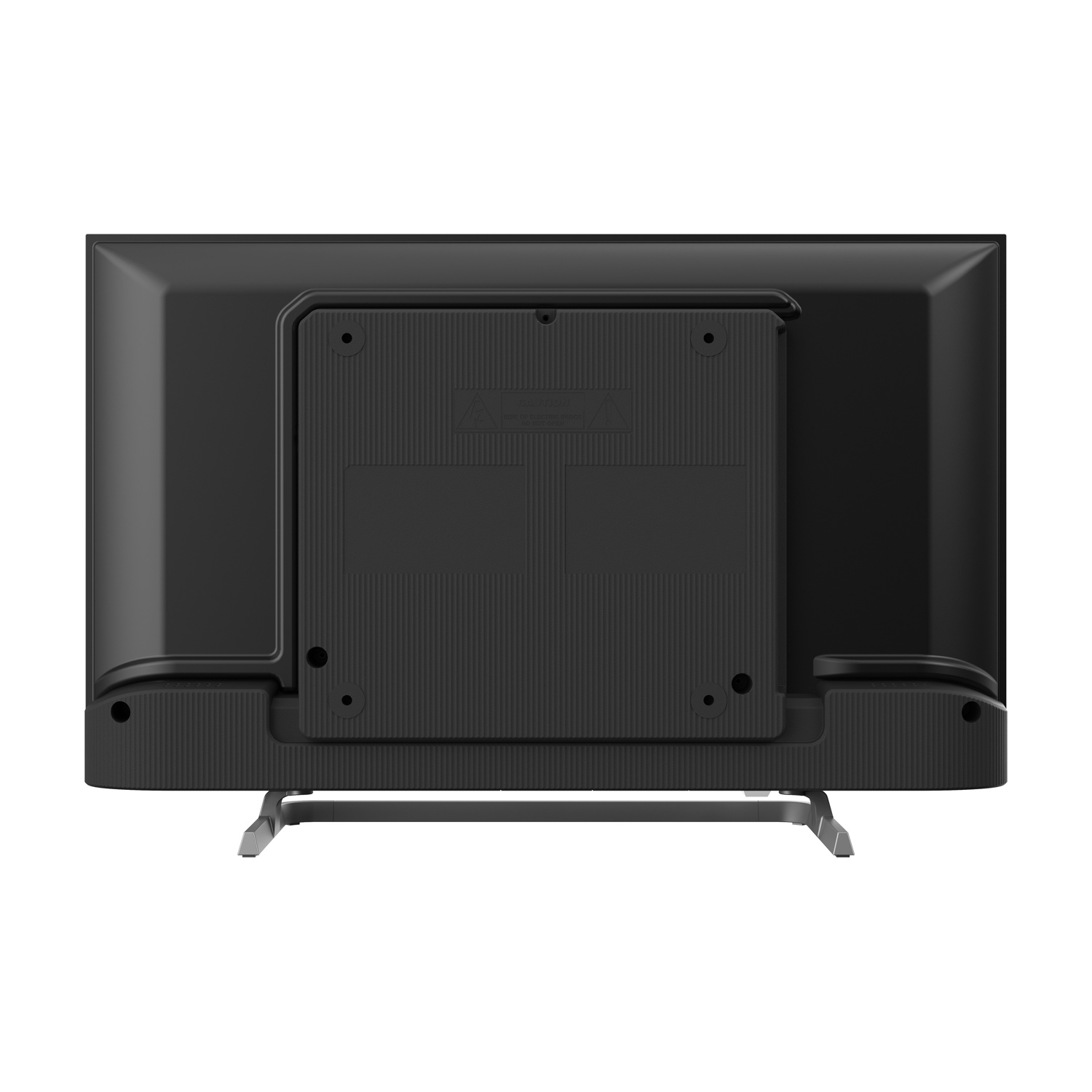Vista posteriore di un televisore nero con supporto argento su sfondo bianco.