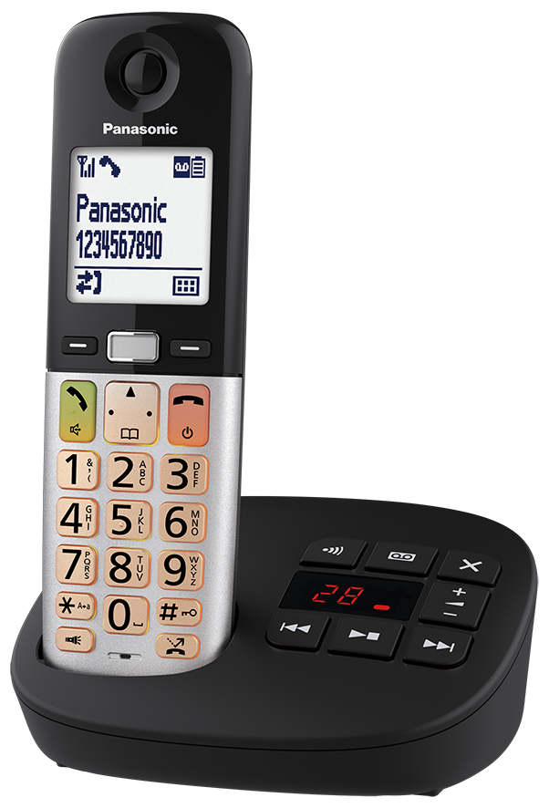 Schwarzes Panasonic-Schnurlostelefon mit silberner Tastatur und schwarzer Ladestation mit Tasten.