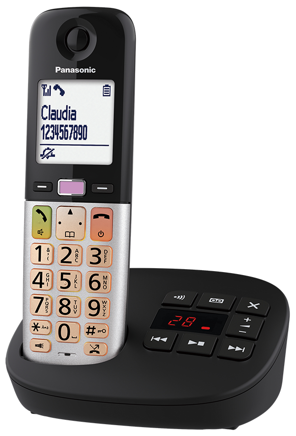 Panasonic Schnurlostelefon mit schwarzer Basis und silbernem Hörer. Bildschirm zeigt 'Claudia 1234567890'.
