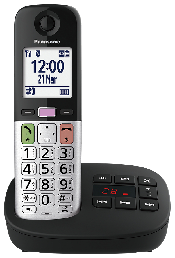Ein schwarzes Panasonic Schnurlostelefon mit Tastatur, Display und Basisstation.