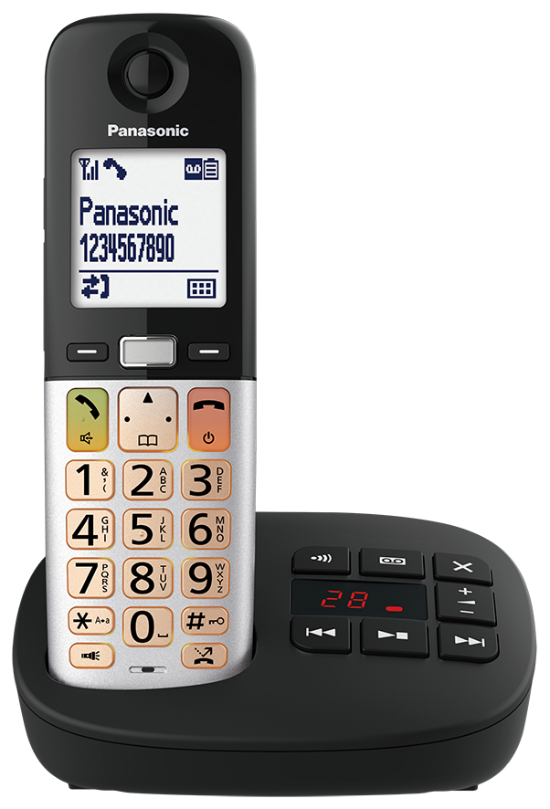 Ein schwarzes Panasonic Schnurlostelefon mit silberner Tastatur und Ladebasis.
