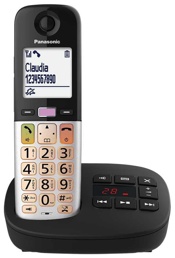 Ein schnurloses Panasonic-Telefon mit Wählscheibe und Basisstation.