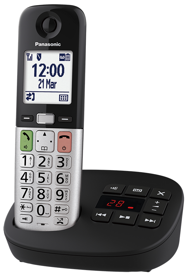 Ein Panasonic-Schnurlostelefon mit großem Display und Tasten auf einer Ladestation.