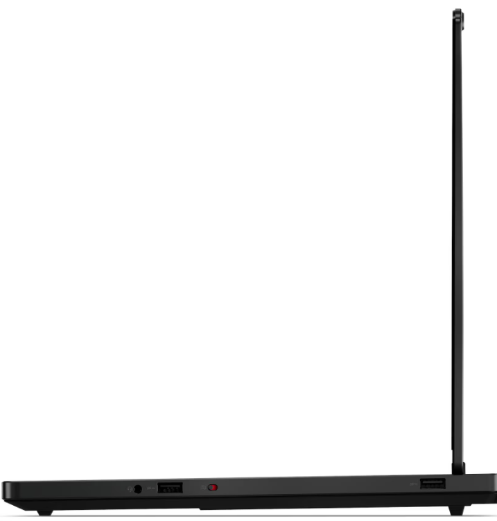 Schwarzer Laptop im Seitenprofil, mit USB-Anschlüssen und einem roten Licht.