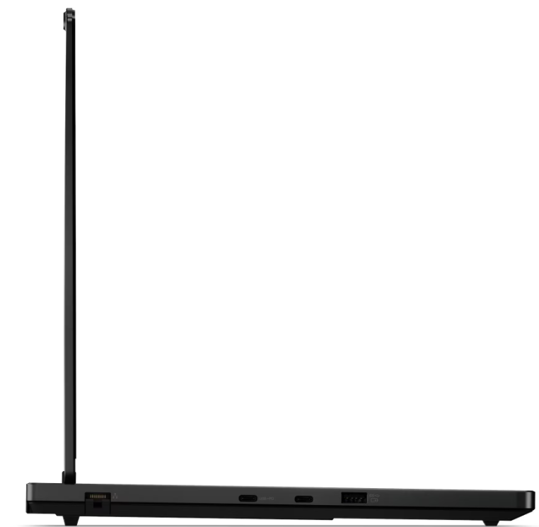 Seitenansicht eines schwarzen Laptops mit geöffnetem Bildschirm und sichtbaren Anschlüssen.