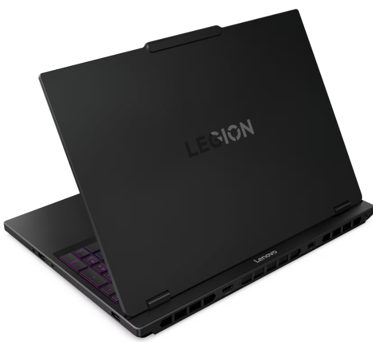 Schwarzer Laptop mit beleuchteter Tastatur, Legion-Logo und Lenovo-Schriftzug.