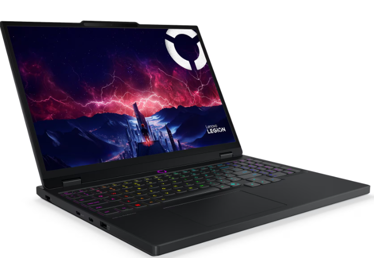 Schwarzer Laptop mit farbiger Tastatur und futuristischem Hintergrundbild.