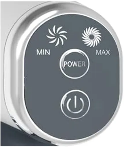 Bedienfeld mit Power-, Min- und Max-Symbolen sowie einem Netzschalter.