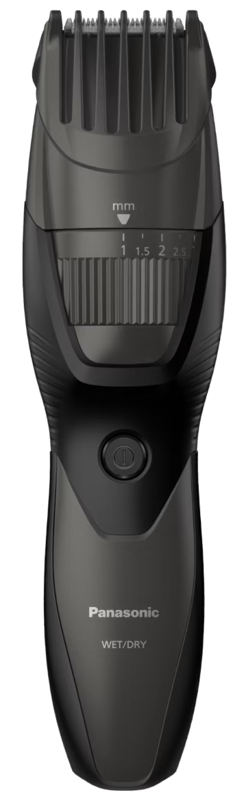 Tondeuse à barbe Panasonic noire avec réglage de longueur et inscription "WET/DRY".