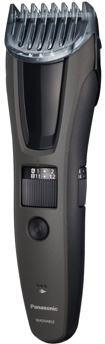 Tondeuse à barbe Panasonic gris foncé avec sabot réglable et bouton.