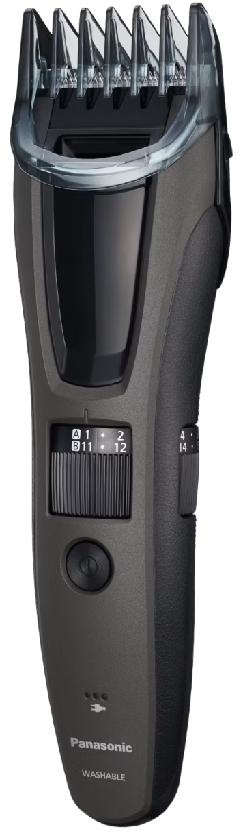 Une tondeuse à barbe Panasonic grise avec lames réglables et bouton d'alimentation.