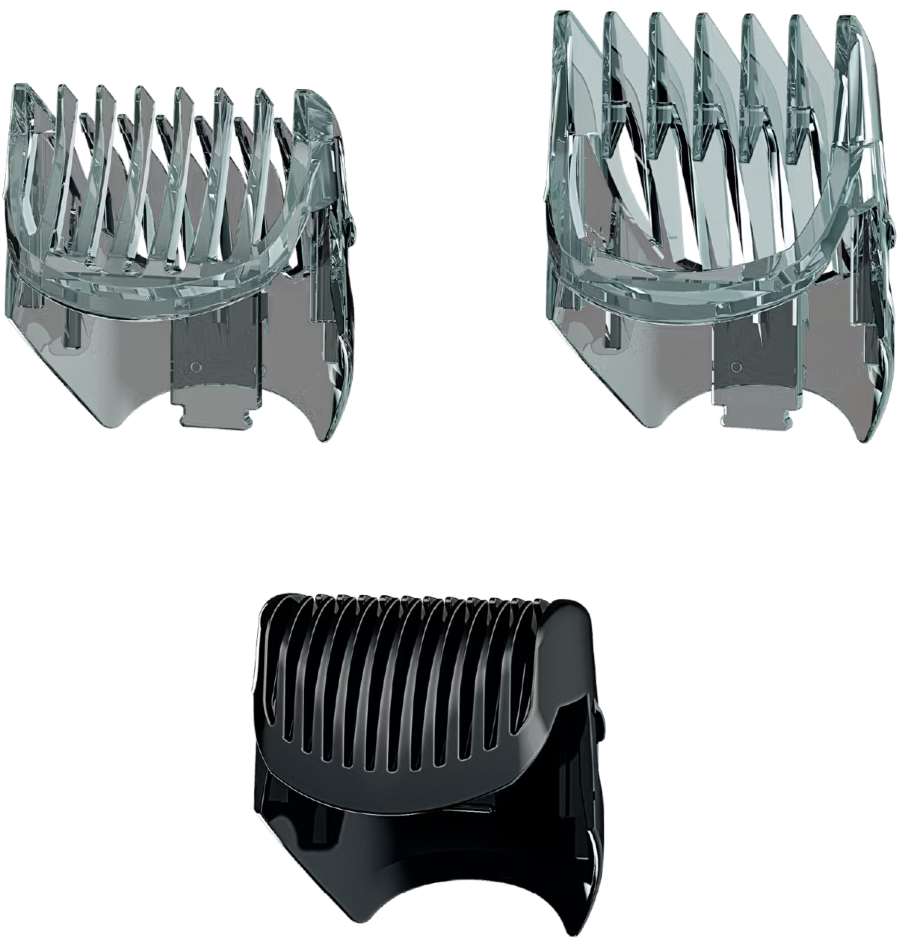 Trois sabots de tondeuse : deux transparents, un noir.