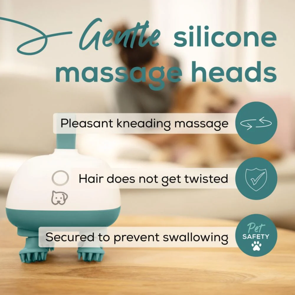 Ein weiß-türkisches Massagegerät für Haustiere mit Silikonköpfen.