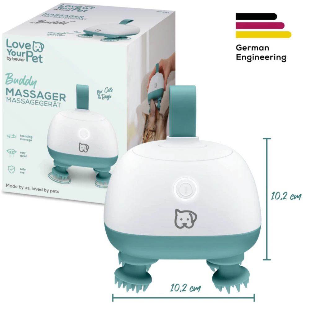 Ein weißer und türkiser Haustier-Massagestab mit vier flexiblen Füßen und einem Griff.