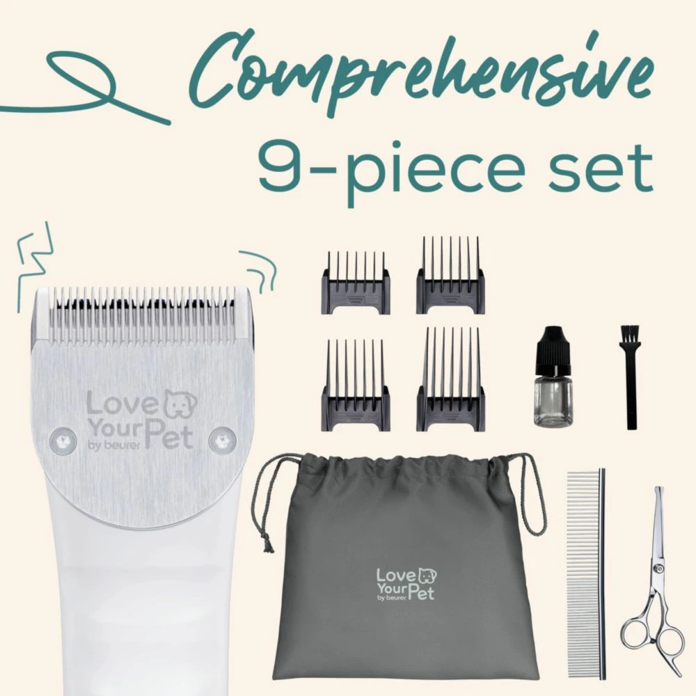 Ein weißer Haarschneider mit Zubehör: Aufsätze, Öl, Bürste, Beutel, Kamm und Schere.