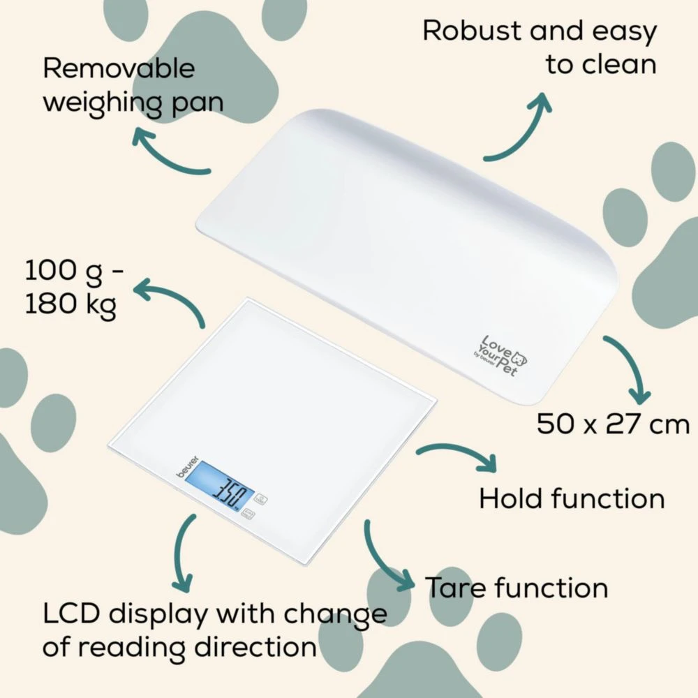 Weiße digitale Haustierwaage mit abnehmbarer Schale, LCD-Anzeige und Gewichtsbereich 100g-180kg.