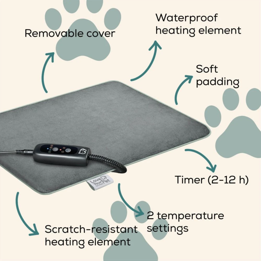 Tapis chauffant gris pour animaux avec télécommande, housse amovible, rembourrage doux.